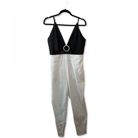 NBD Quenby Jumpsuit Black & Ivory satin bow accent one piece party Revolve L - Picture 5 of 13